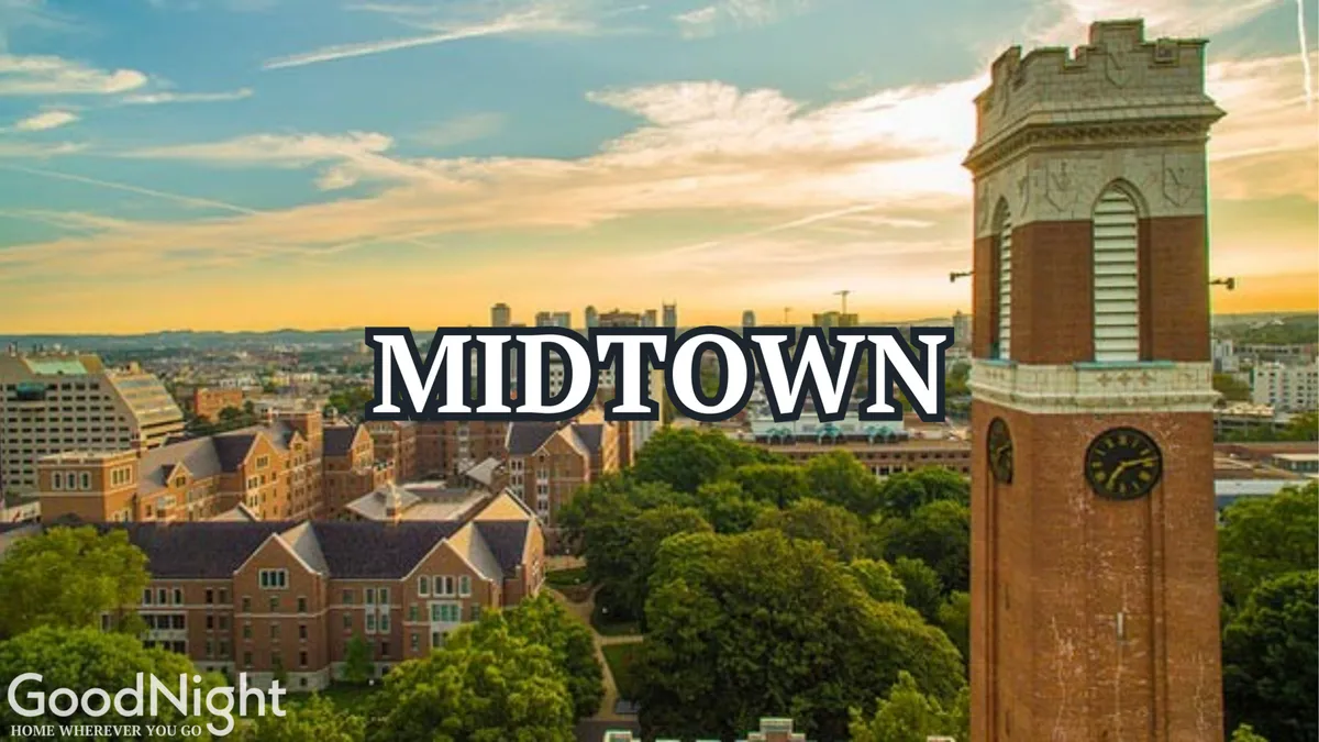 A panoramic view capturing Nashville’s lively urban skyline, clock tower, and tree-lined avenues. The setting is energizing and bustling, encapsulating the city’s vibrancy and accessibility.