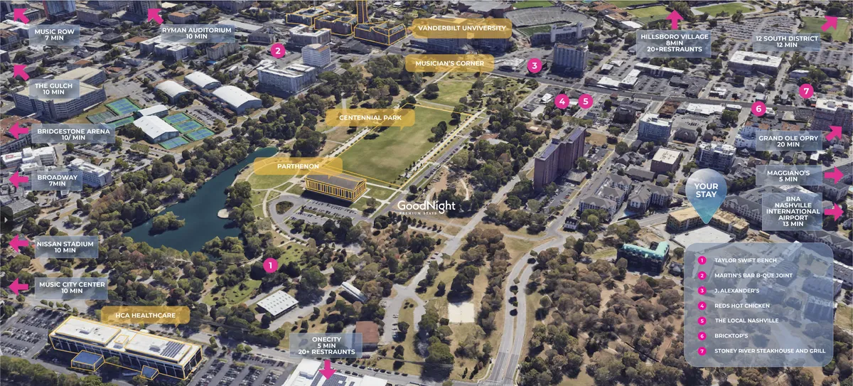 A view capturing key neighborhood landmarks, including Centennial Park, the GoodNight hotel, Vanderbilt University, and Musicians' Corner. The lively surroundings showcase Nashville's cultural richness and accessibility to parks and entertainment.