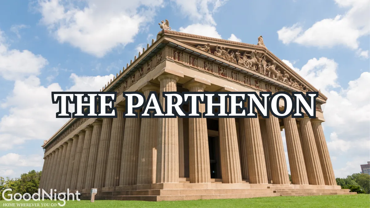 A majestic exterior shot of The Parthenon structure in Centennial Park, featuring its impressive columns and intricate roof carvings. The image captures the grandeur and historic appeal of this iconic Nashville landmark.